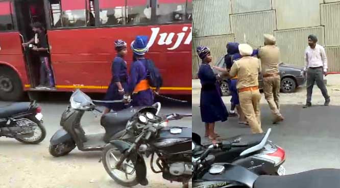 पुलिस और निहंगों के बीच जमकर हुआ बवाल :  होटल मालिक से मांगे पैसे, बीच सड़क पर लहराई तलवारें