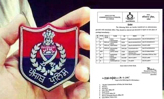 जालंधर पुलिस कमिश्नर ने शहर में किया प्रशासनिक फेरबदल : जालंधर में 8 पुलिस थानों के अधिकारी और 5 सब-इंस्पेक्टर का ट्रांसफर, तत्काल जिम्मेदारी संभालने के निर्देश
