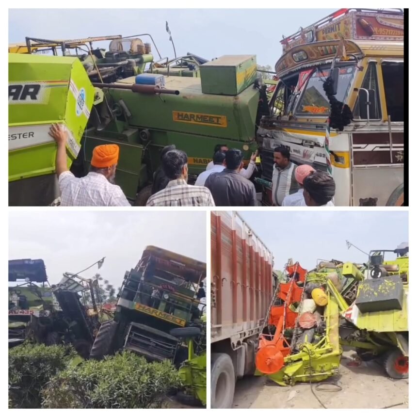 तेज रफ्तार ट्रक ने संग्रूर में खड़ी तीन कंबाइनों को मारी टक्कर, 60-70 लाख का भारी नुकसान