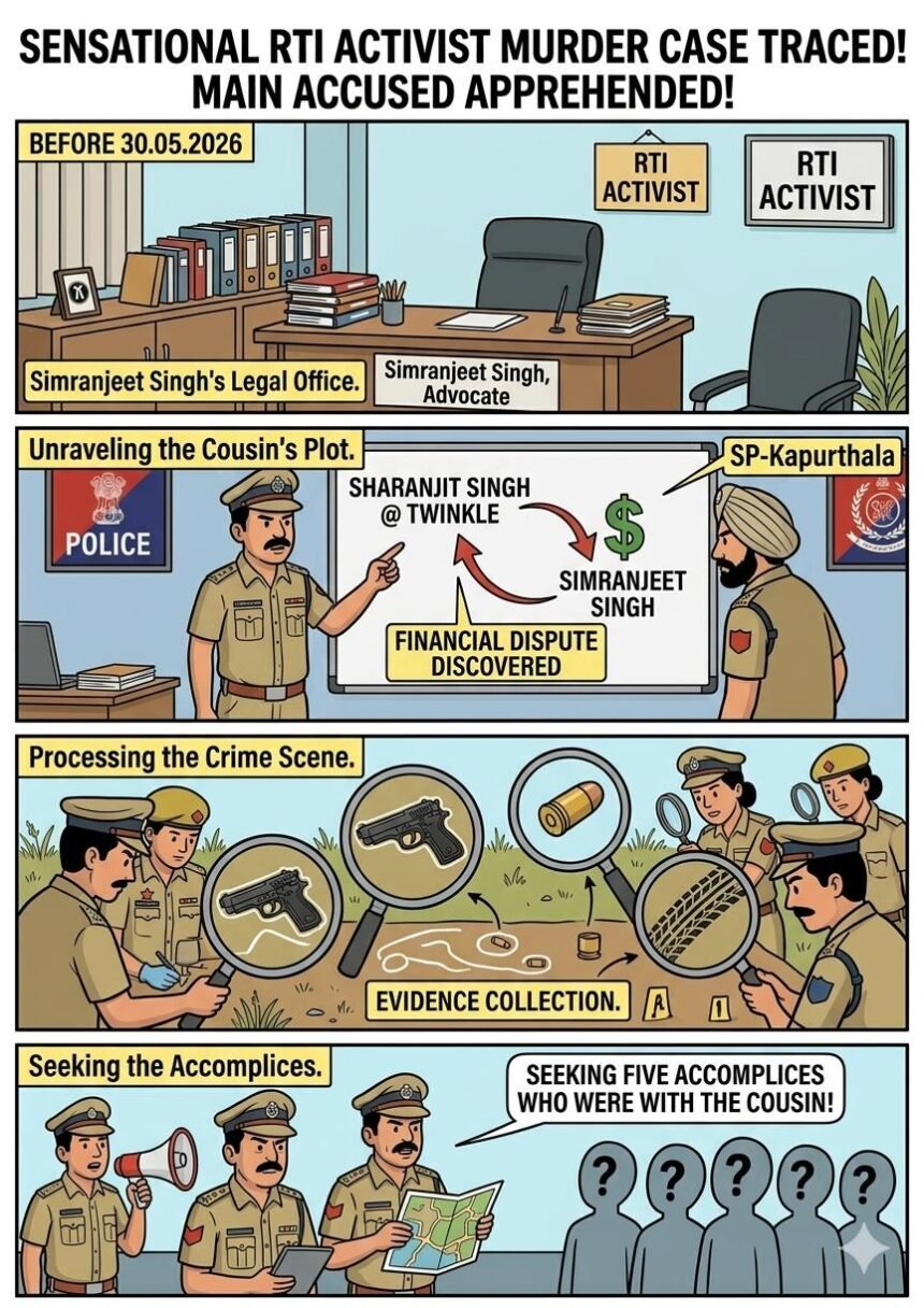 कपूरथला पुलिस की बड़ी कामयाबी: RTI एक्टिविस्ट और वकील सिमरनजीत सिंह हत्याकांड का कुछ ही घंटों में खुलासा; चचेरा भाई मुख्य आरोपी गिरफ्तार, वारदात में इस्तेमाल पिस्टल बरामद**